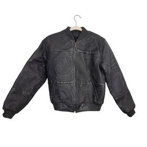 Vintage 90S East Side Genuine Leather Embroidered Zip Front Bomber Jacket Sz M